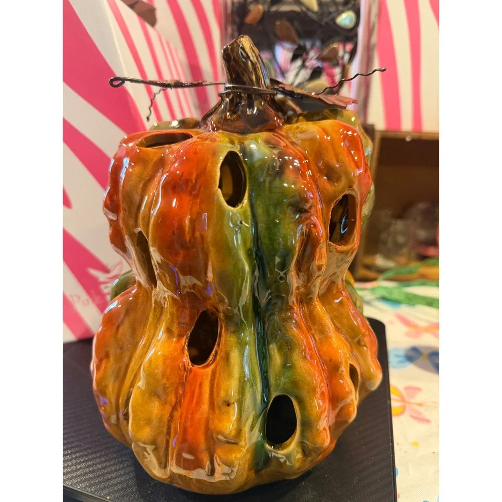 Pink Zebra Retired Ceramic Glazed Gourd Pumpkin Luminary Candle Holder Fall